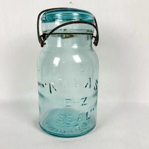 Vintage Atlas E-Z Seal Blue Canning Jar Wire Bail Glass Lid Quart Size